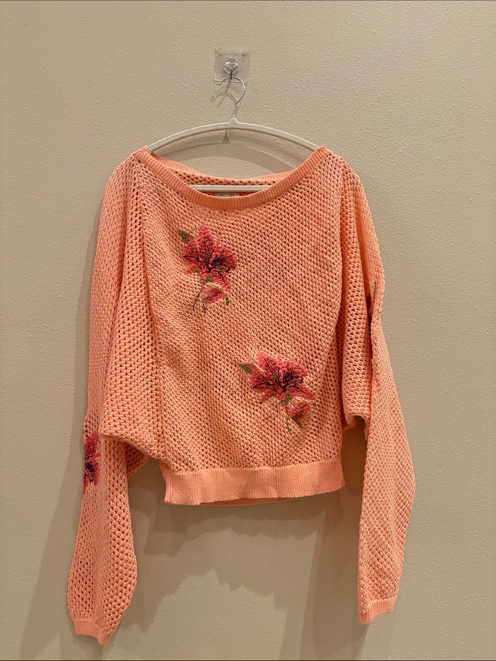 Anthropologie Peach Open-Knit Off-the-Shoulder Sweater with Floral Embroidery